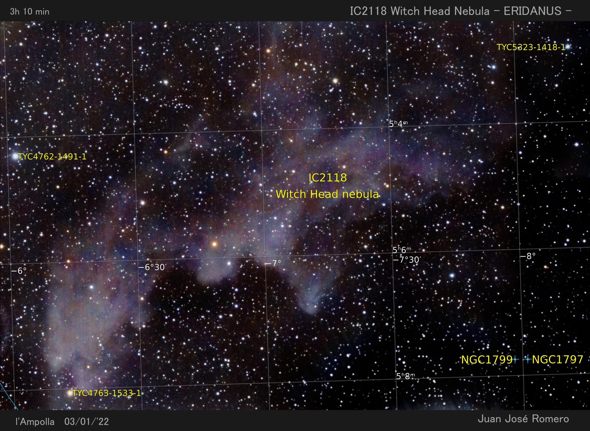 Imagen anotada: IC 2118 – Nebulosa de la Cabeza de Bruja